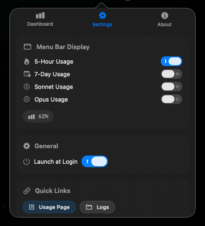 Settings menu bar